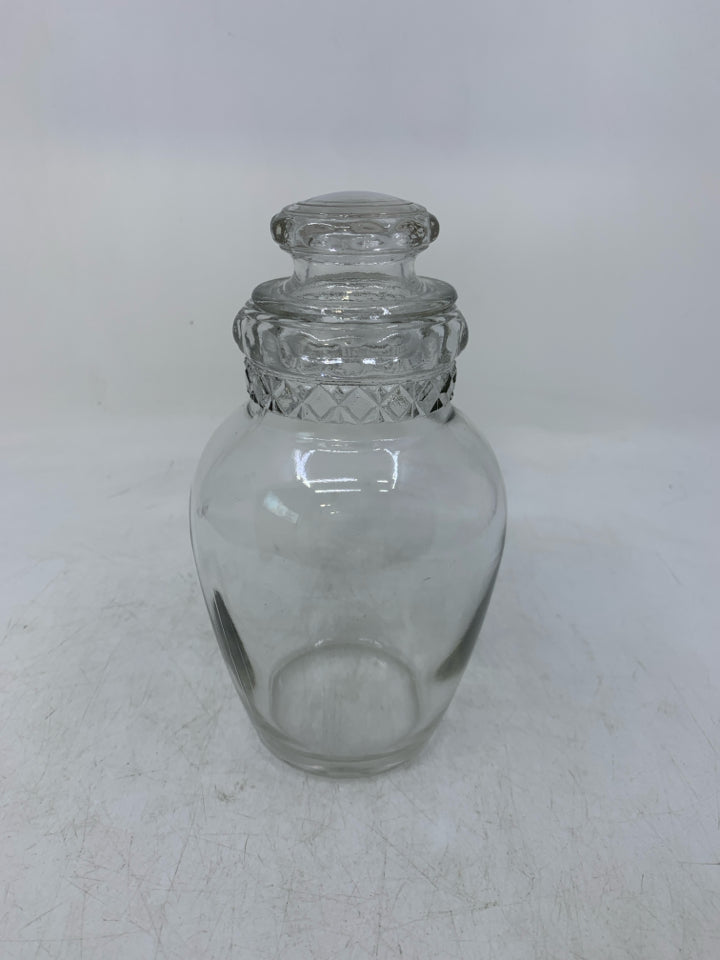 CLEAT GLASS JAR W/ DIAMOND PATTERN TOP/LID.