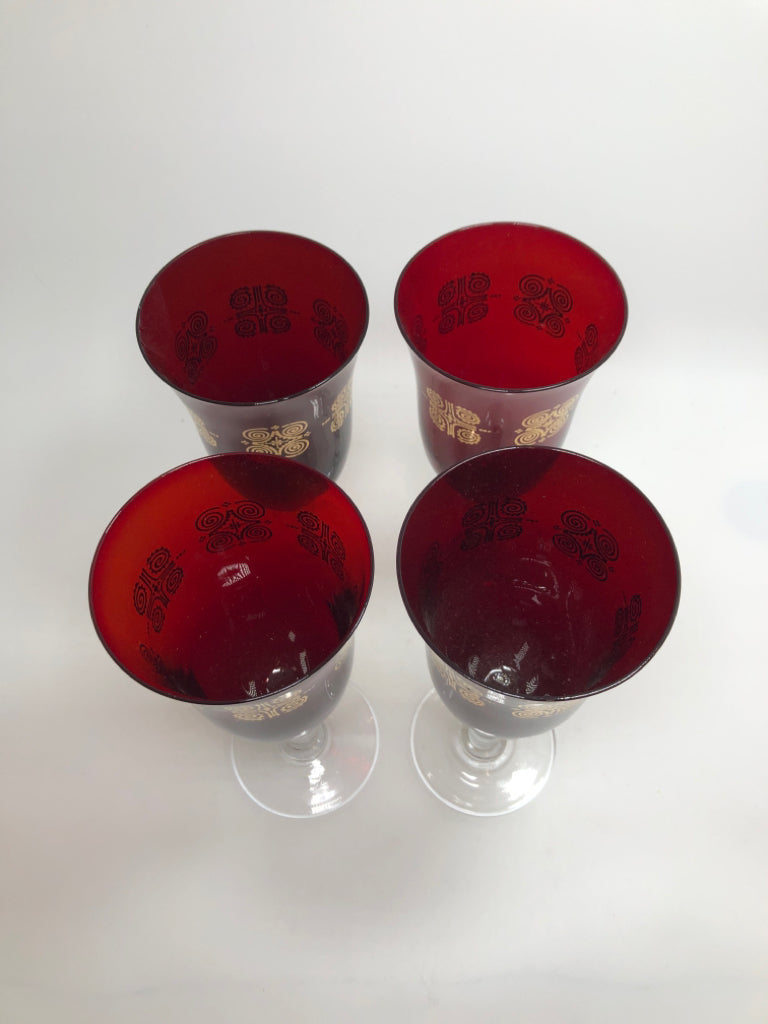 4 RUBY RED GOBLET WITH GOLD SWIRL DESIGN.