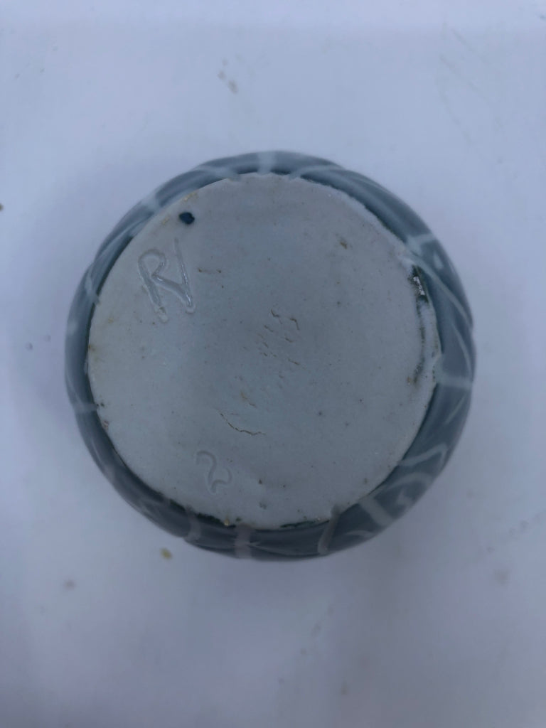 PALE BLUE POTTERY VASE W/ WHITE DETAILS.