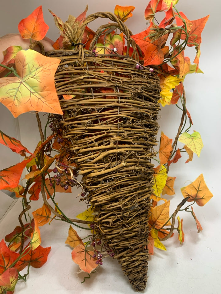 STICK WOVEN HANGING BASKET W/ FAUX FALL LEAVES HANGING.