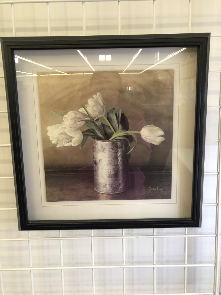 TULIP PAINTING IN BLACK SHADOWBOX FRAME.