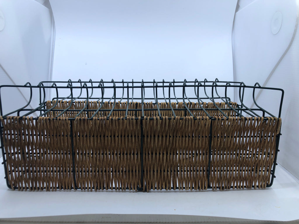 2 TIER GREEN METAL WALL SHELF W/ WICKER BOTTOM.