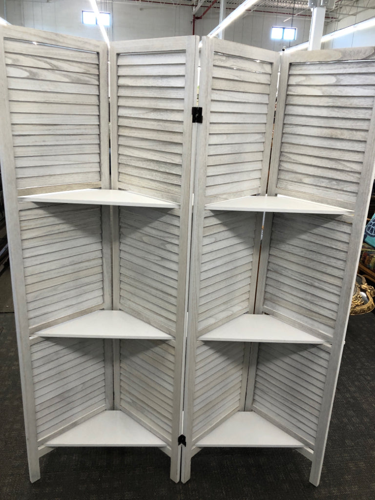 DISTRESSED WHITE ACCORDION SHUTTER SHELF.