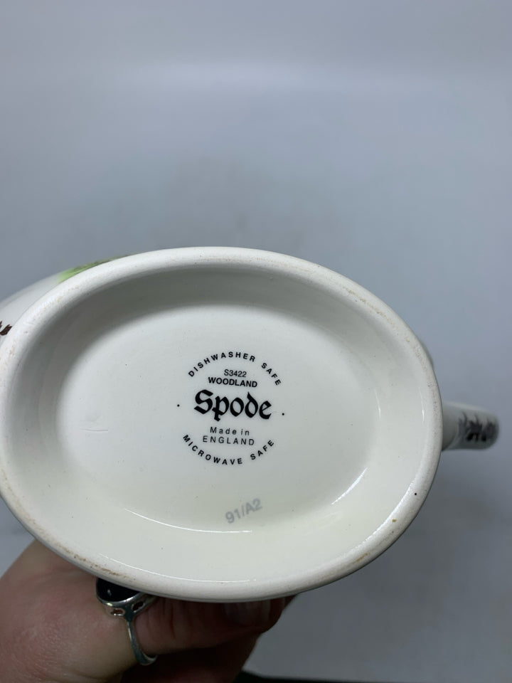 SPODE WOODLAND GRAVY BOAT W/ MALLARD DUCK & SNIPE BIRD BROWN FLORAL BOARDER.