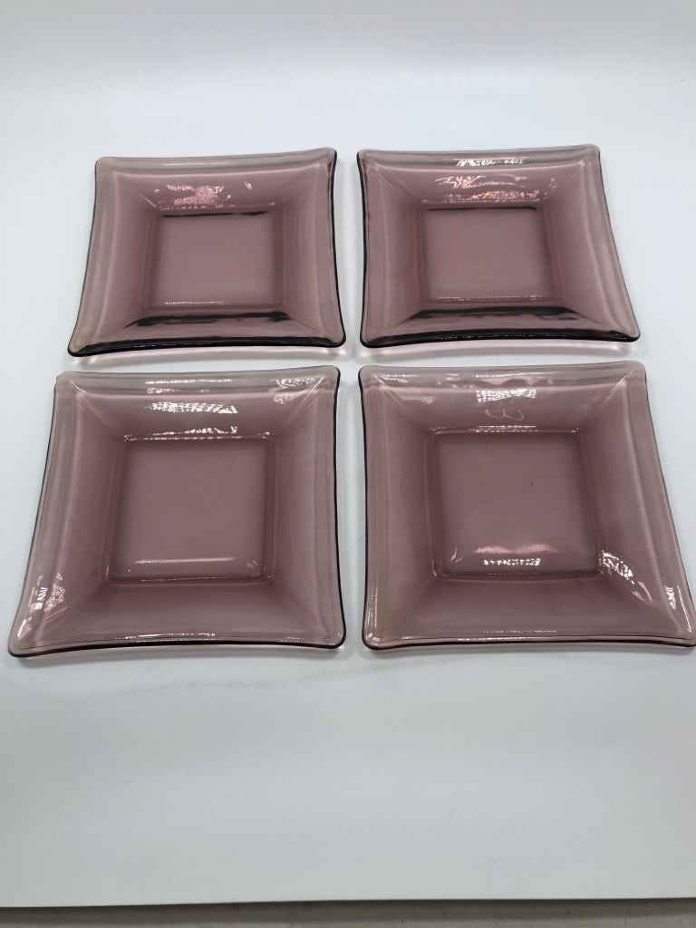 4 PINK GLASS SQUARE LUNCH PLATES.