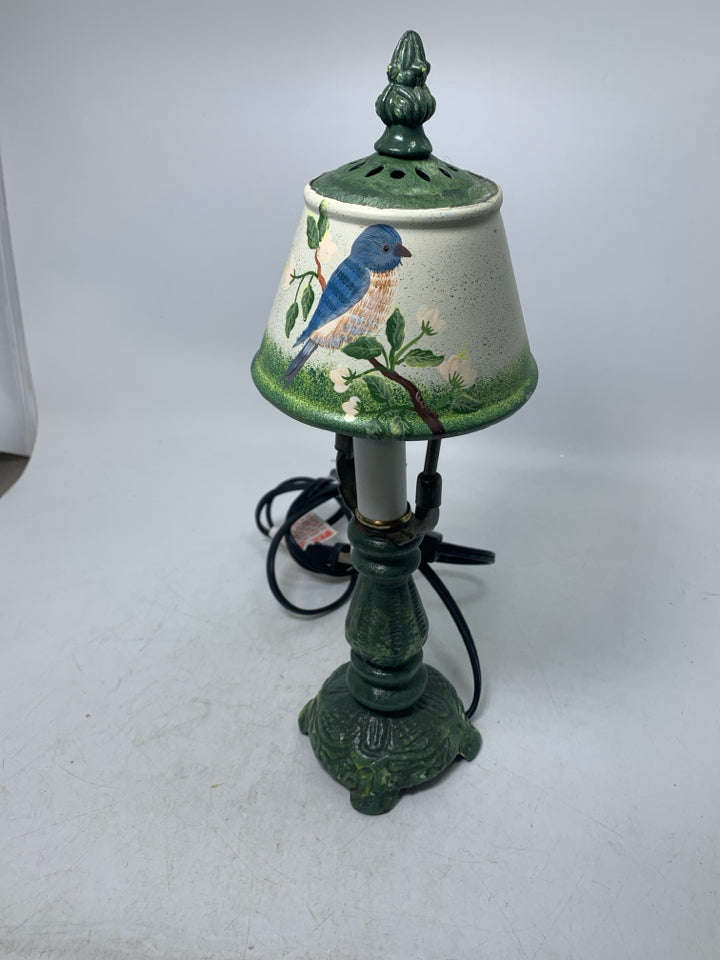 METAL BASE &C SHADE SMALL PAINTED LAMP W/ BLUEBIRD.