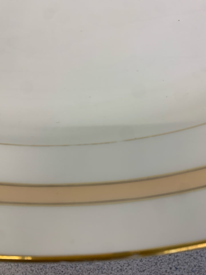 PEACH STRIPE OVAL CERAMIC SERVING PLATTER W/GOLD TRIM.