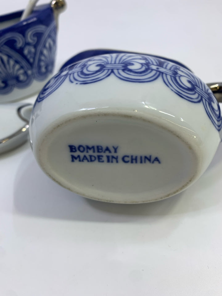 PORCELAIN SUGAR AND CREAMER BLUE W/SILVER TRIM.