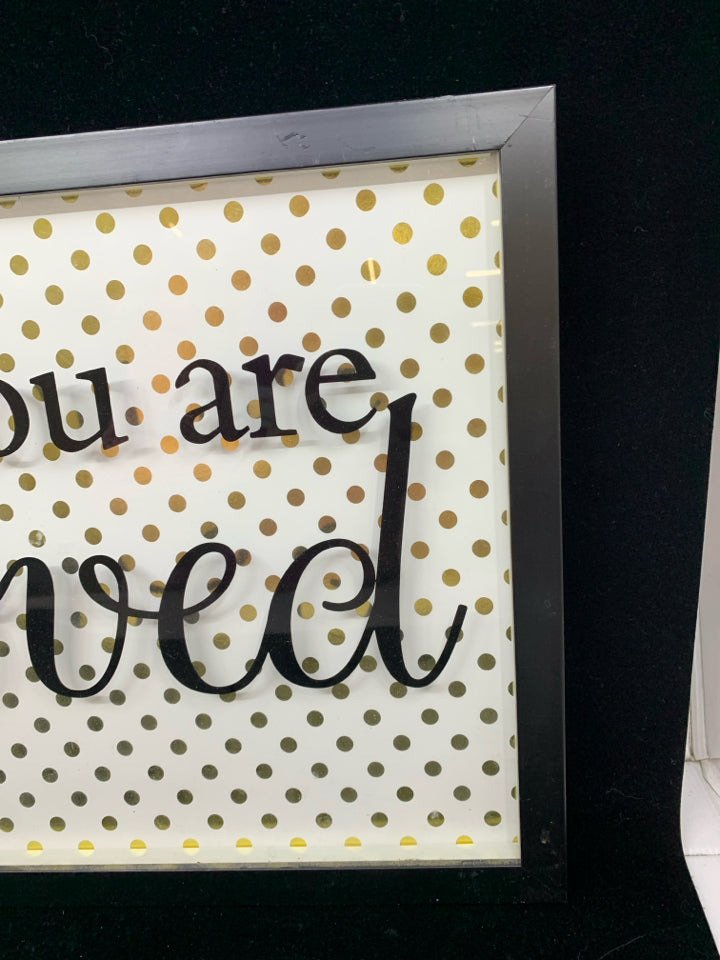 "YOU ARE LOVED" BLACK/WHITE/GOLD POLKA DOT WALL HANGING.