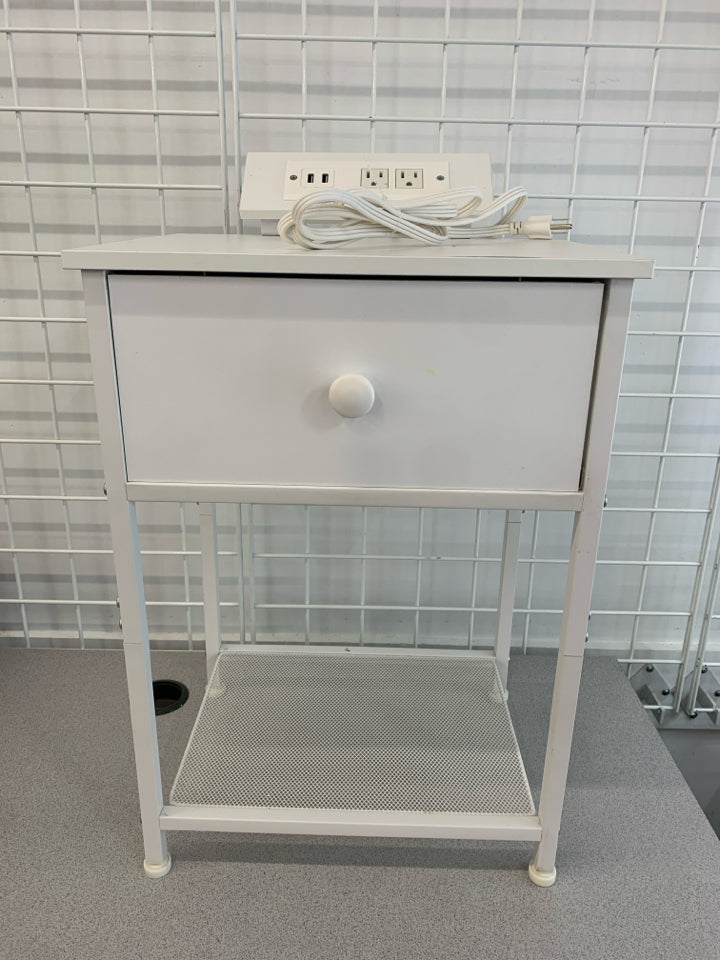 WHITE METAL FRAME NIGHTSTAND W/FABRIC DRAWER POWER OUTLET.