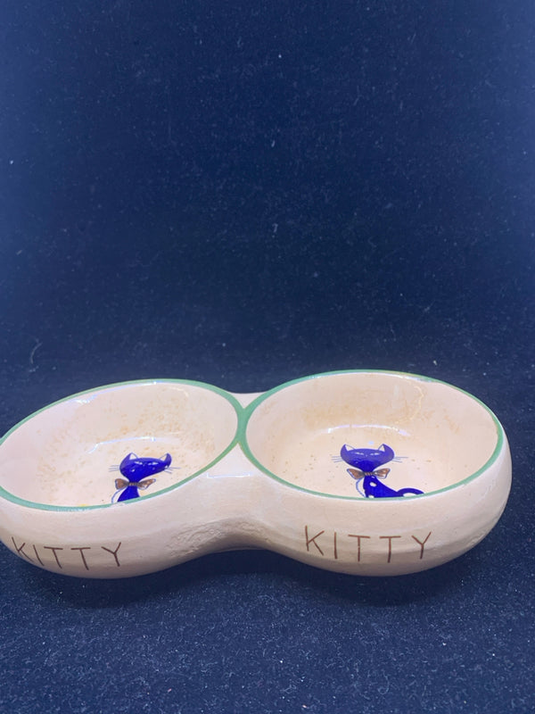 POTTERY DOUBLE CAT BOWL W/ BLUE CATS IN BOW TIES.