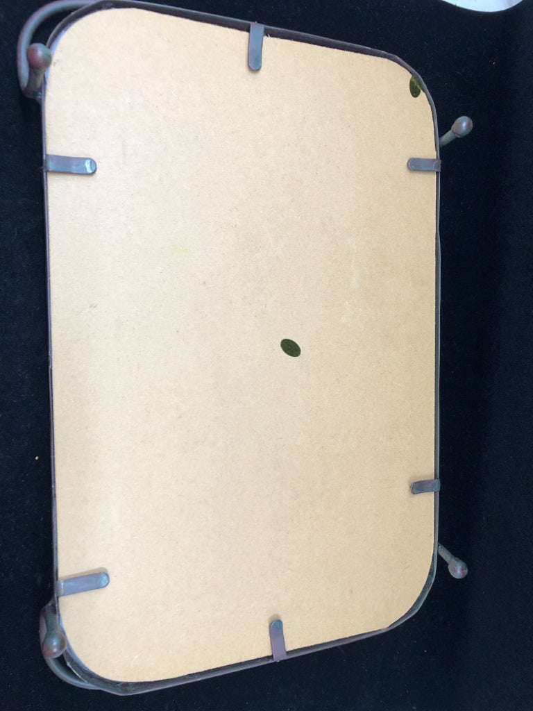 BROWN METAL MIRRORED TRAY BIRD HANDLES.