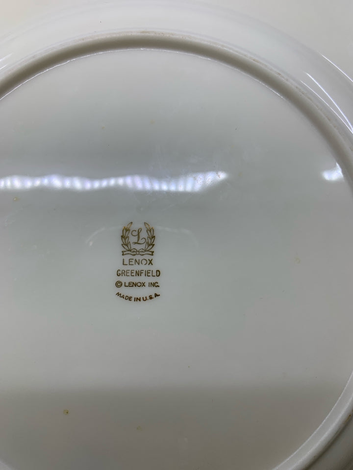 4 GREENFIELD PATTERN DINNER PLATES W/ GREEN EDGE.