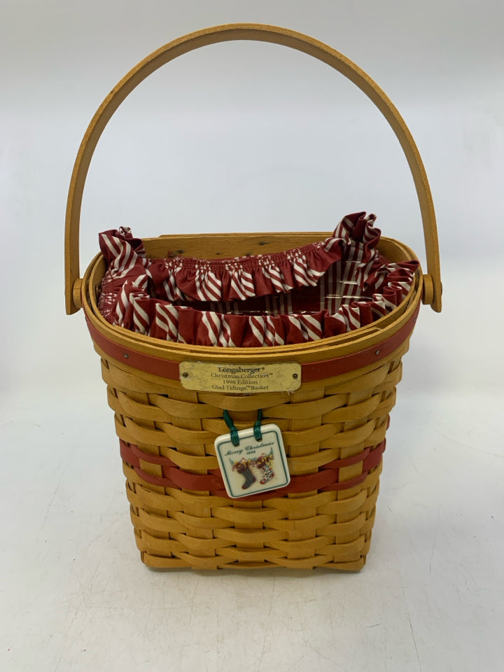 LONGABERGER CHRISTMAS COLLECTION GLAD TIDINGS BASKET 1998 EDITION W/ LINER, INSE