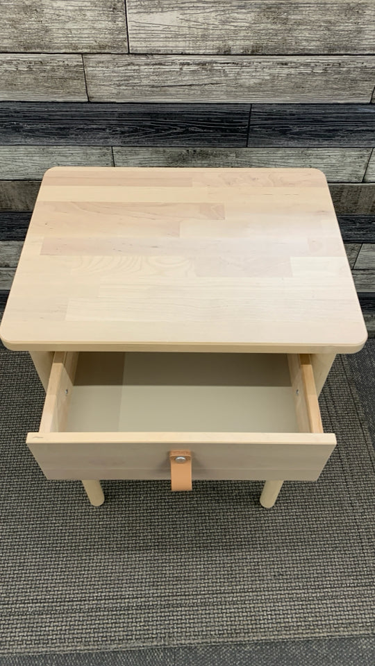 UNFINISHED WOOD NIGHTSTAND W/FAUX LEATHER DRAWER PULL.