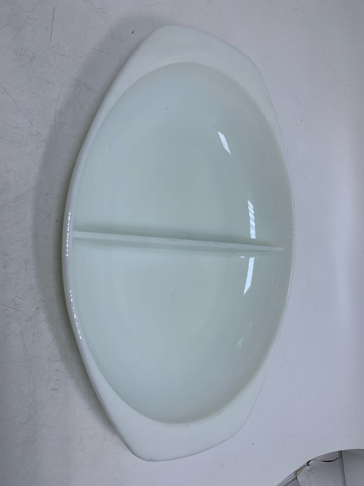 VTG OVAL MILK GLASS DIVIDED BAKING DISH.