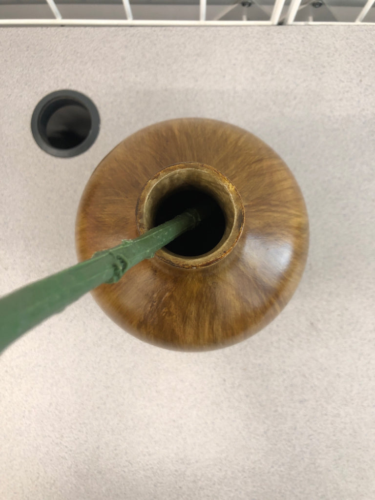 WHITE CLOTH FLOWER IN WOOD VASE.