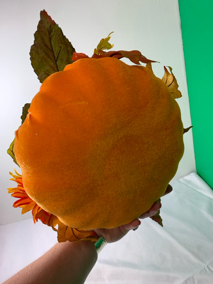 VELOUR ORANGE PUMPKIN W/ W/ FAUX FALL BOUQUET.
