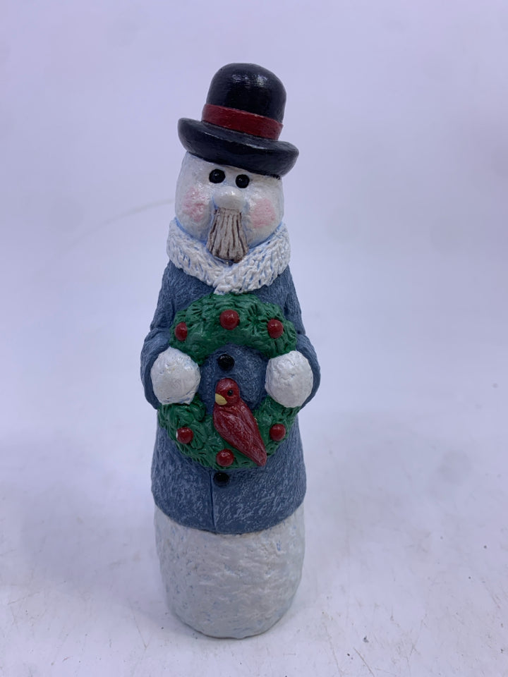 SNOWMAN BLUE COAT HOLDING WREATH.