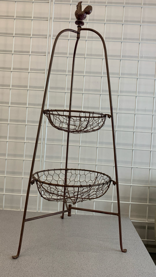2 TIER BROWN METAL FRUIT BASKET W/ROOSTER.