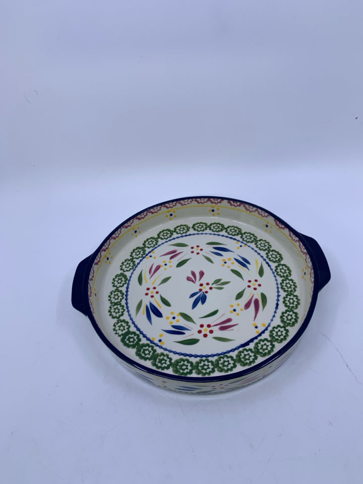 CIRCLE OLD WORLD COLORFUL PATTERNED BAKING DISH W/ HANDLES.
