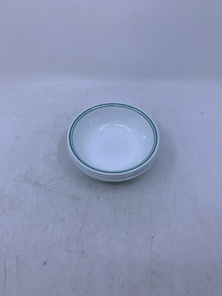 4 WHITE W/ GREEN RIM SNACK BOWLS.