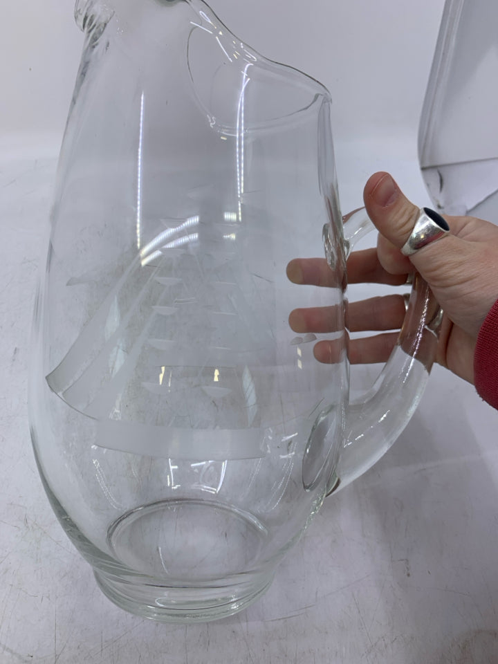 CLEAR GLASS PITCHER W/ ETCHED SAIL BOAT ICE LIP.