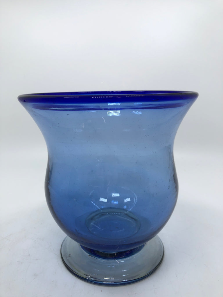 BLUE GLASS HURRICANE VASE.