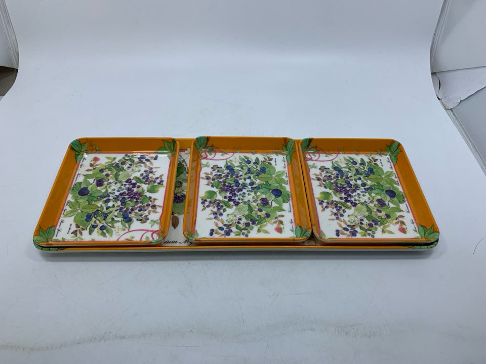 4 PC BOTANICAL BERRY THEME MELAMINE TRAY SET MICHELE TRUMEL.