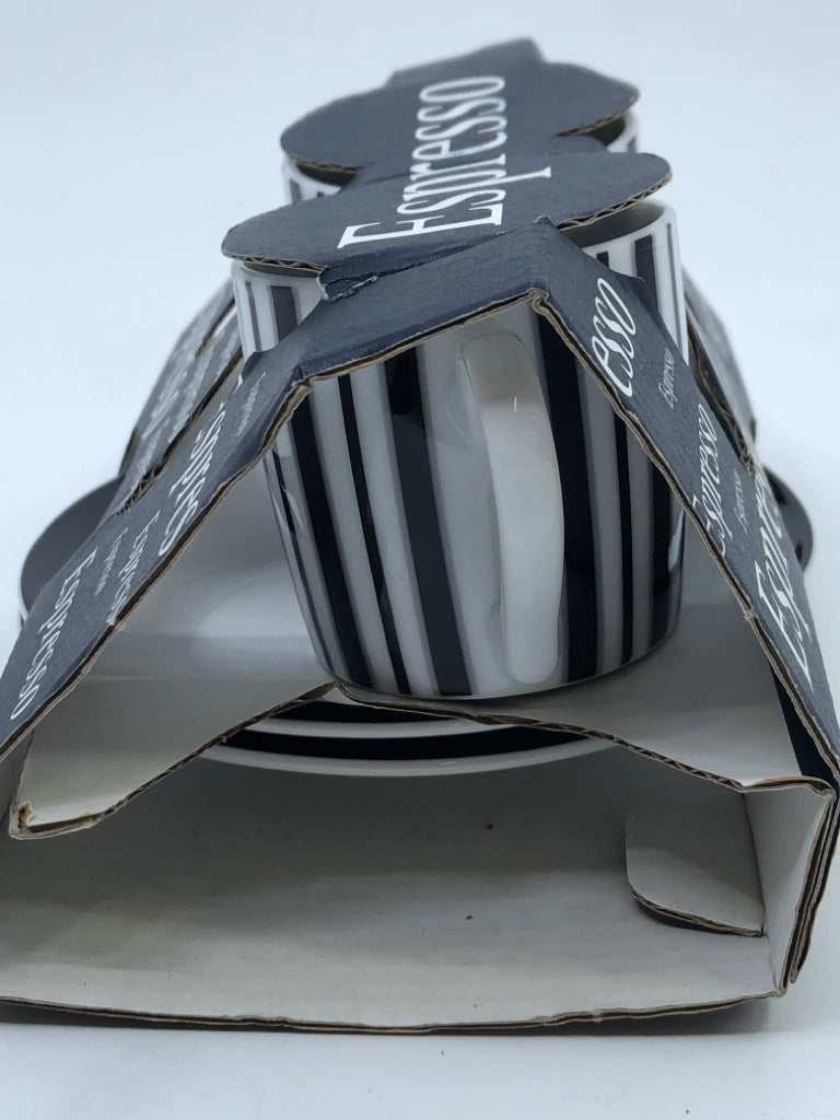 NIP 4 PC WHITE W/ BLACK STRIPES ESPRESSO CUPS.