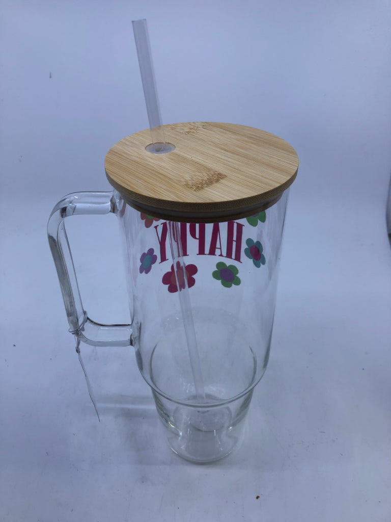 GLASS BE HAPPY TUMBLER W/ GLASS STRAW/WOOD LID.