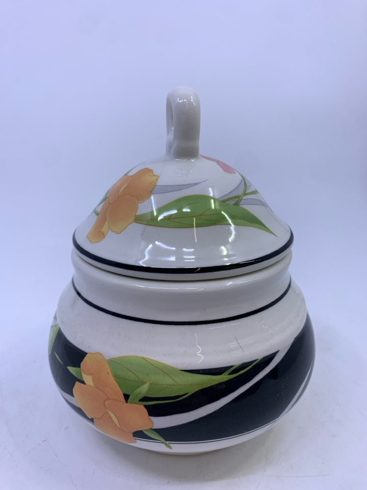 BLACK+WHITE W/PINK ORANGE PAINTED FLOWERS.