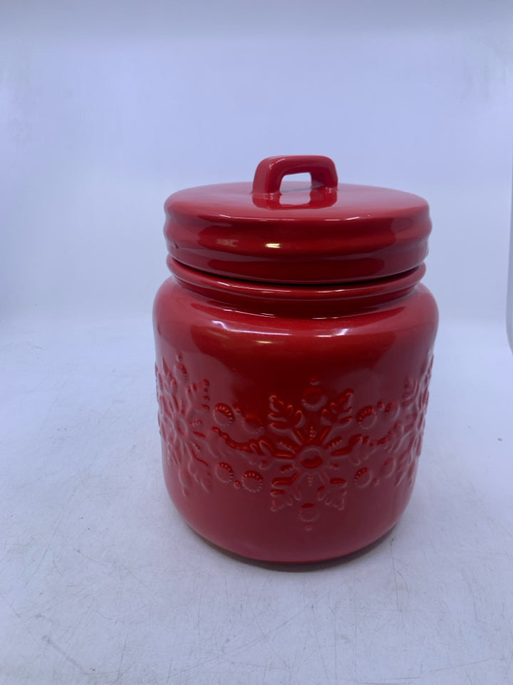 RED CANISTER W/ EMBOSSED SNOWFLAKES CRATE & BARREL.