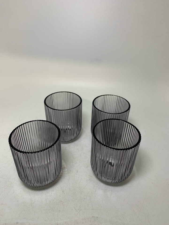 4 SMOKEY RIBBED JUICE GLASSES.