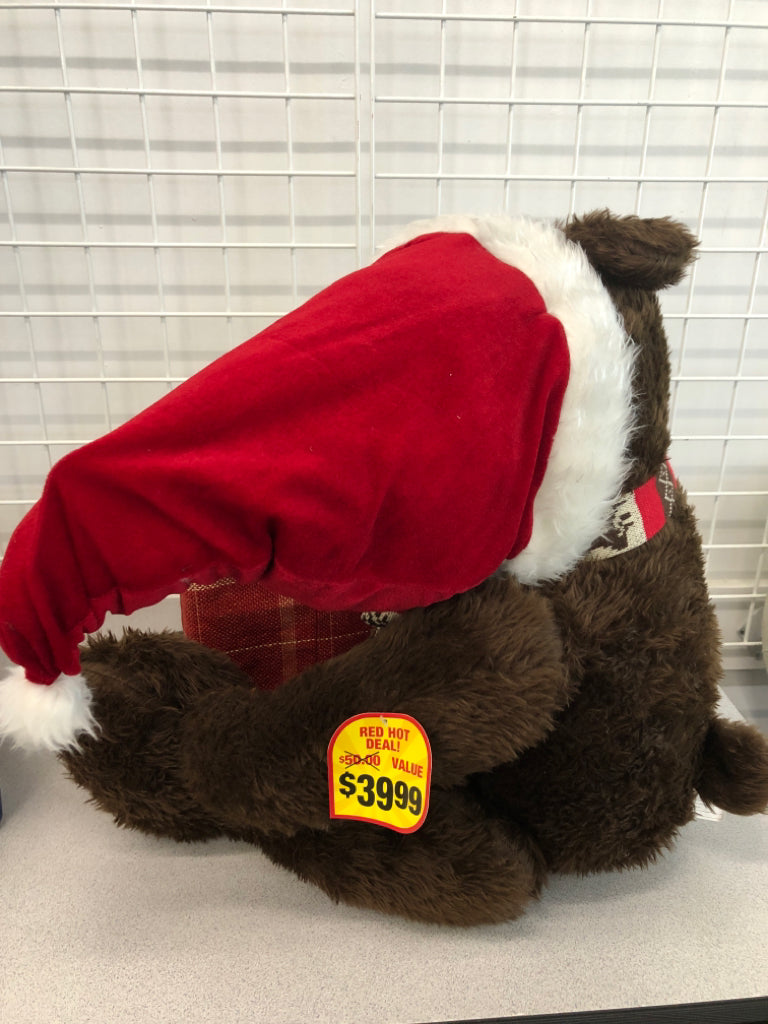 LARGE PLUSH BEAR W/ SANTA HAT & PRESENT.