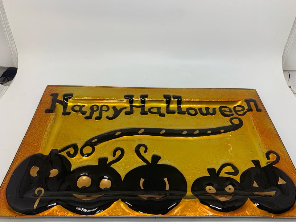 HAPPY HALLOWEEN ORANGE GLASS PLATTER.