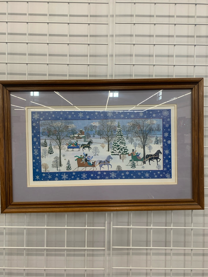 WINTER SCENE HORSES PULLING SLAYS WALL ART.