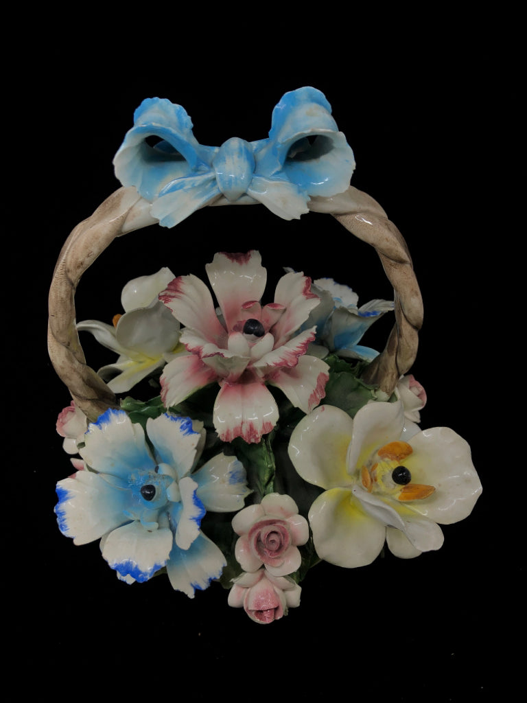 VTG CAPODIMONTE PORCELAIN FLOWER BASKET W/BLUE BOW.