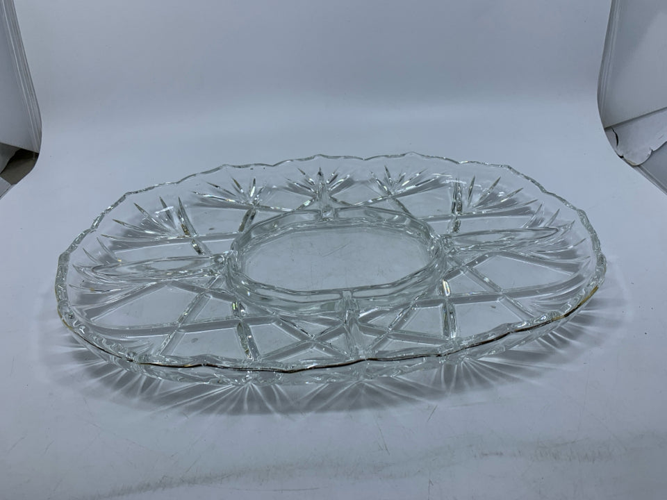 HEAVY DIVIDED SERVING GLASS PLATTER W/ GOLD RIM.