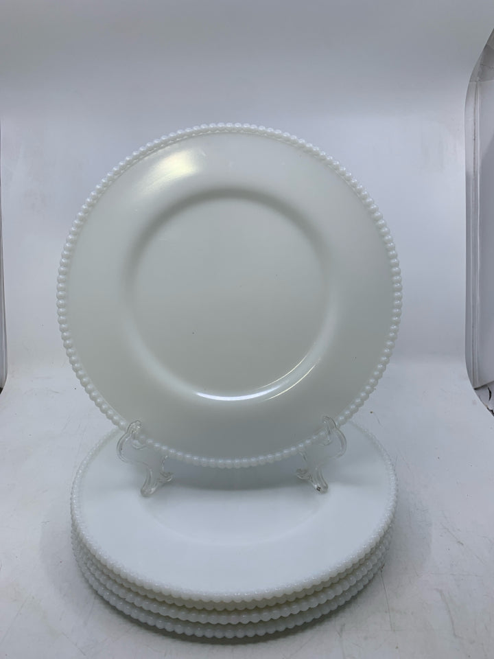 5 MILK GLASS W/ BEADED EDGE DINNER PLATES.