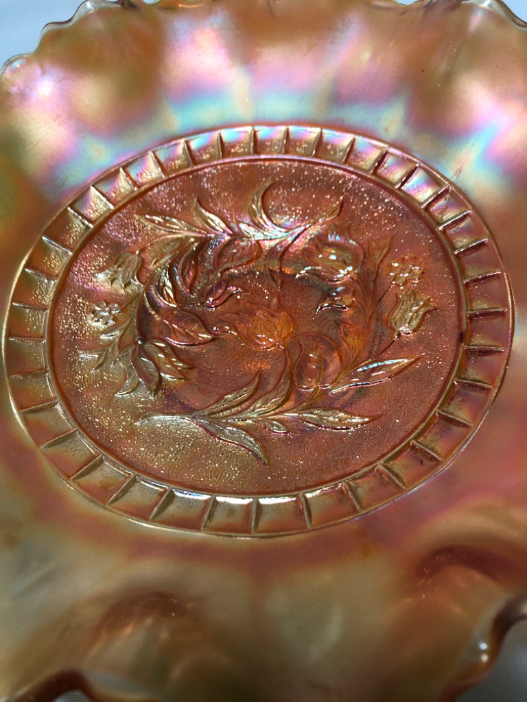 VTG ORANGE GLASS WAVY DISH.