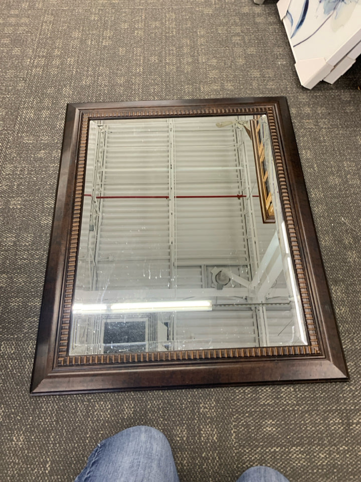SQUARE DARK WOOD FRAMED MIRROR W RIBBED ACCENTS.