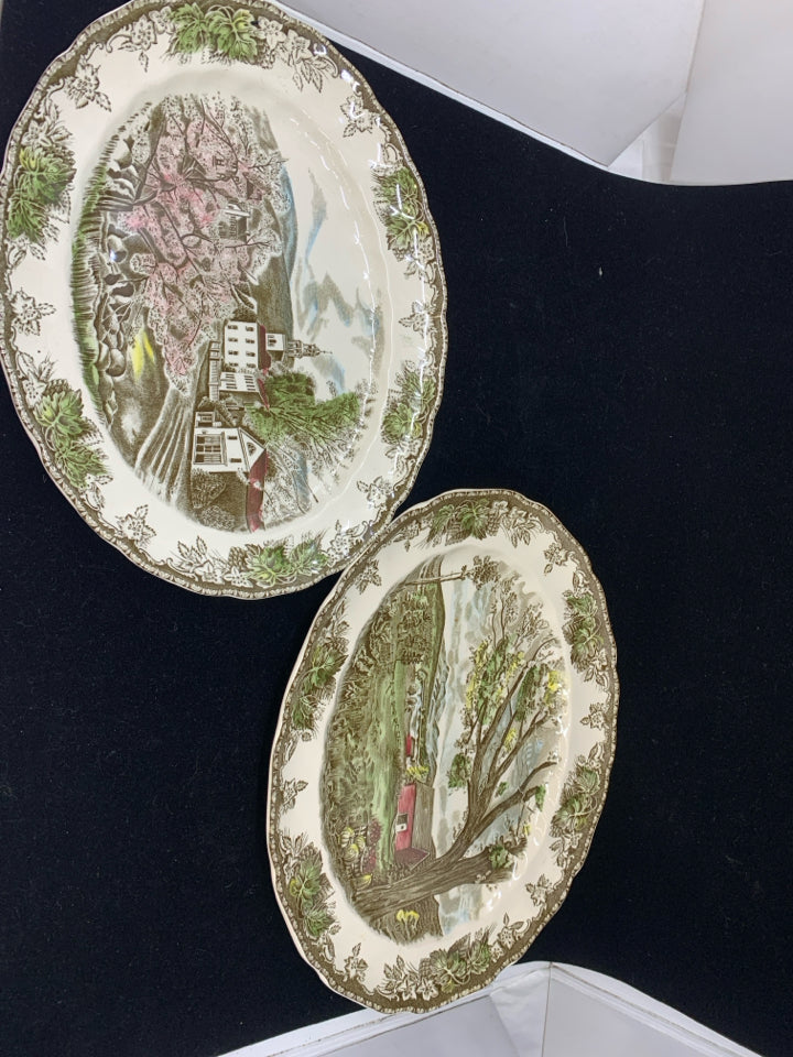 2 OVAL RED BARN SCENE JOHNSON BROS SERVING PLATTERS.