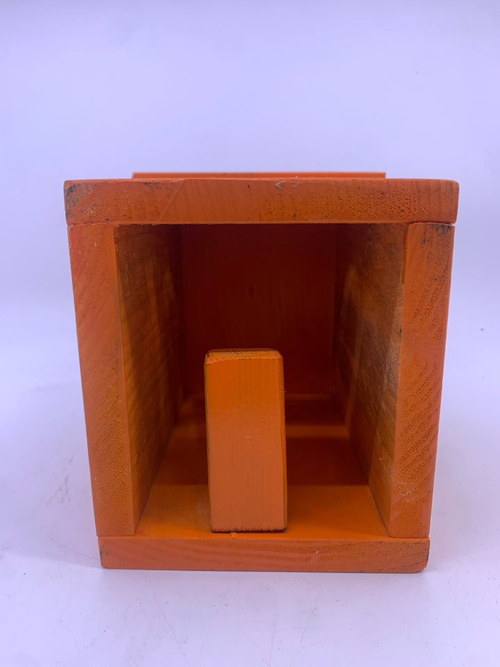 WOOD ORANGE SQUARE JACK O LANTERN TEA LIGHT HOLDER.