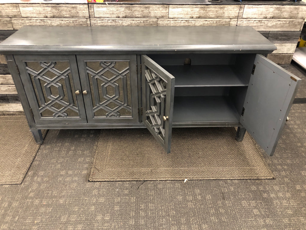 BLUE/GREY LONG CONSOLE TABLE W/ MIRRORED CABINETS SHELVES.