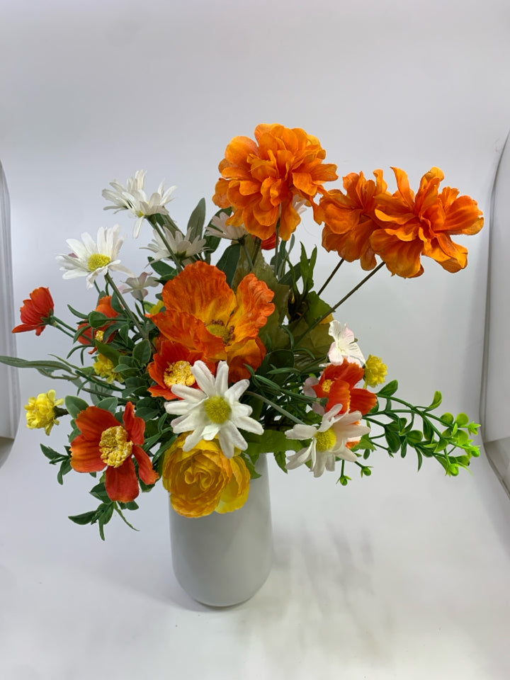 ORANGE & YELLOW FLORALS IN CERAMIC VASE.