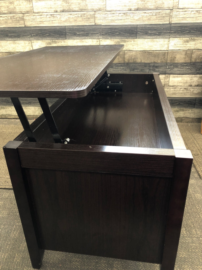 DARK FAUX CHERRY WOOD LIFT TOP COFFEE TABLE W/ 3 CUBBIES.