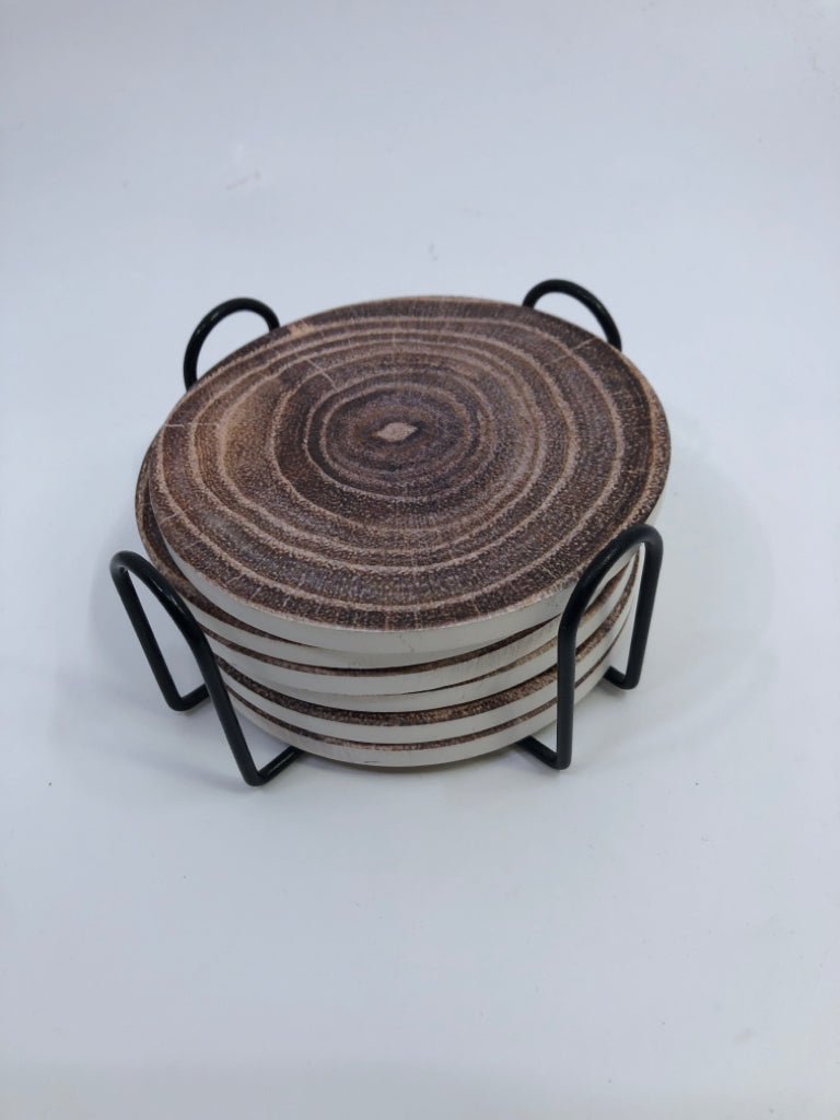 7 PC CERAMIC WOOD SLICE COASTERS W/ HOLDER.
