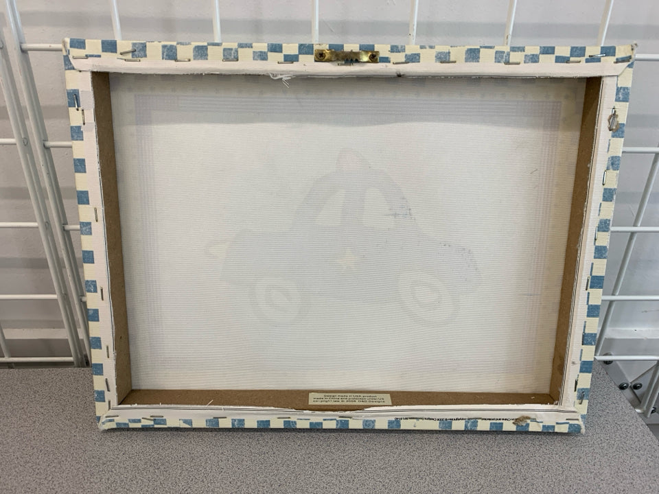 POLICE CAR W/CHECKERED BORDER CANVAS WALL HANGING.