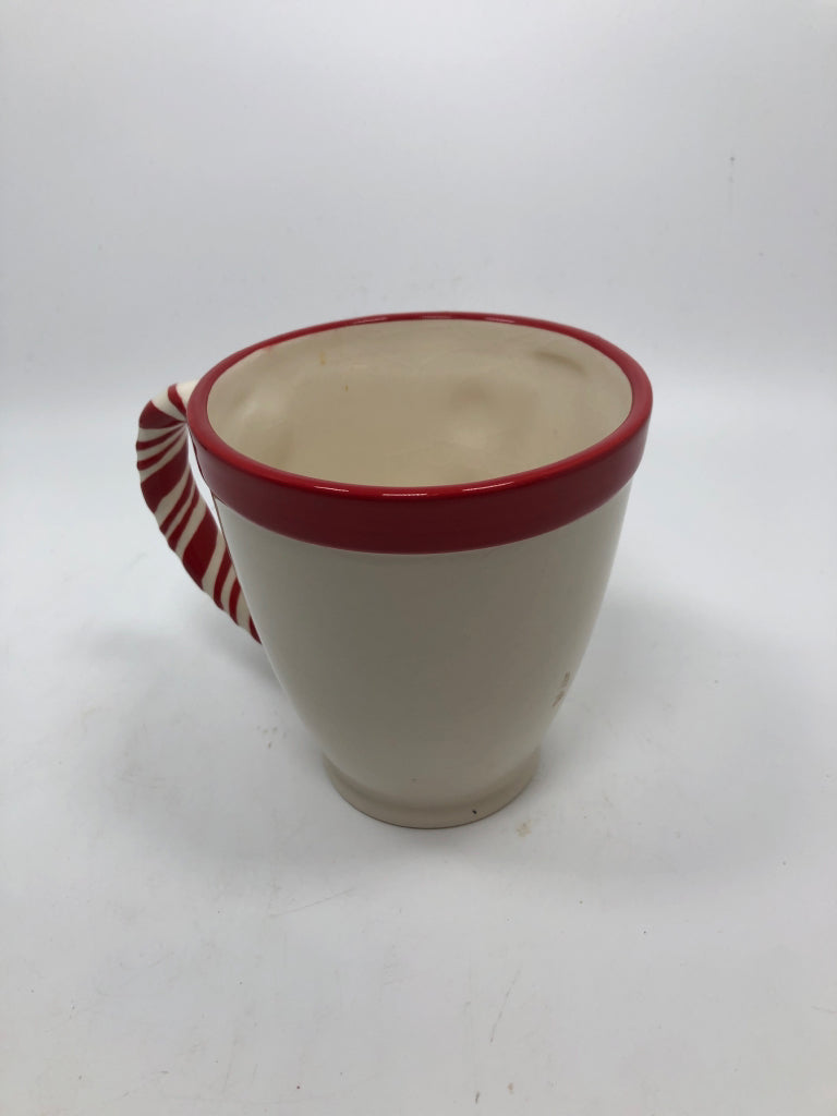 WHITE MUG RED SCARF BLACK BUTTONS.